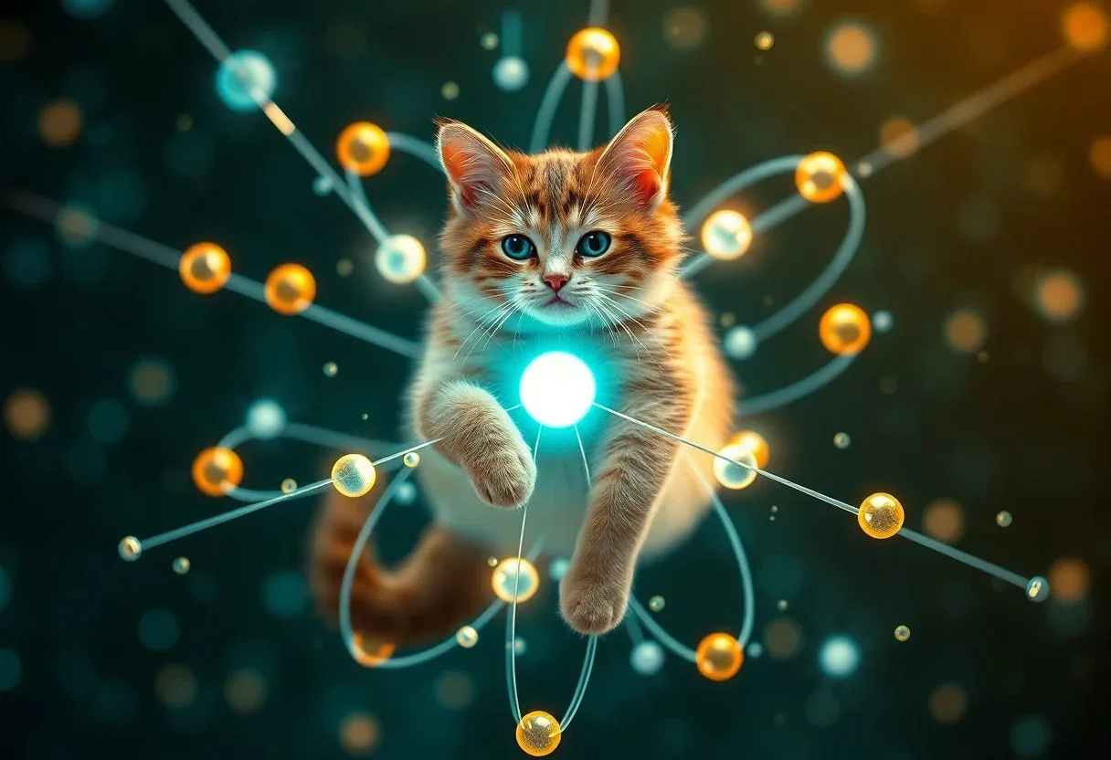 Ilustrasi Kucing Schrödinger di dunia kuantum, simbol paling ikonik dari konsep superposisi kuantum.